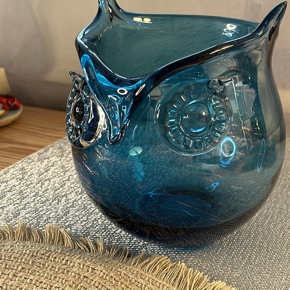 Blown Glass Owl Bowl Vase - Blue - Picture 10 of 11